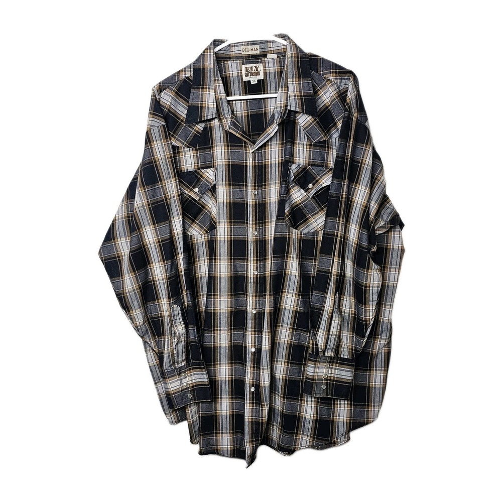 Ely Cattleman Big Man 3X Pearl Snap Shirt Blue Plaid Long Sleeve Western Cowboy